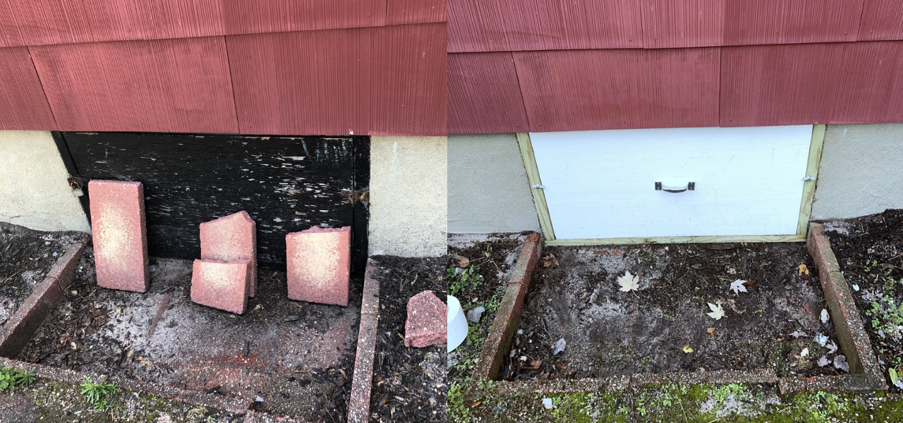 before and after replacing crawl space door