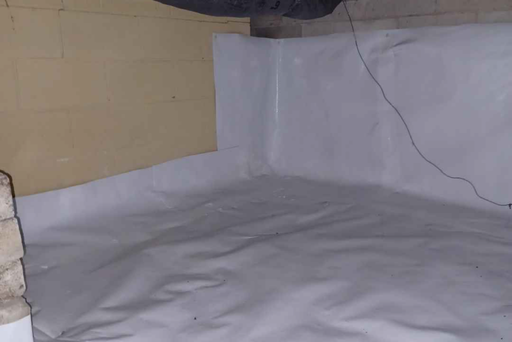after picture of crawlspace with new vapor barrier on floor