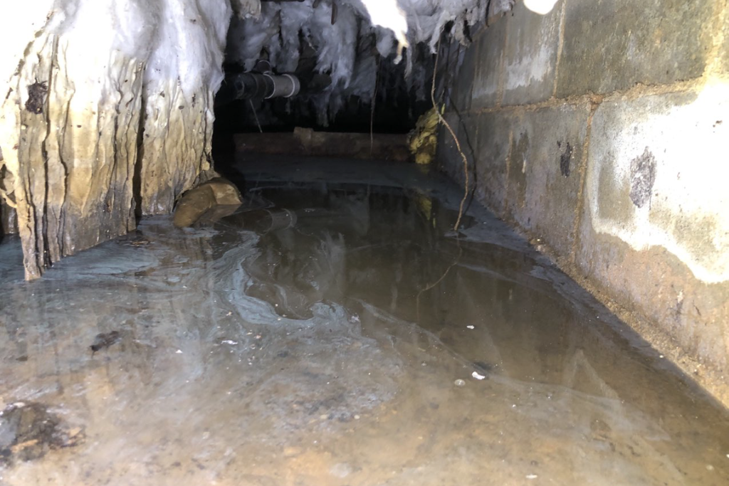 crawlspace in need of a sump pump suffering from standing water