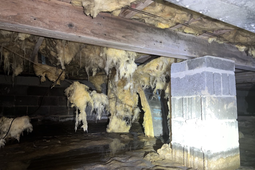 crawlspace suffering from excessive moisture and standing water in need of a sump pump