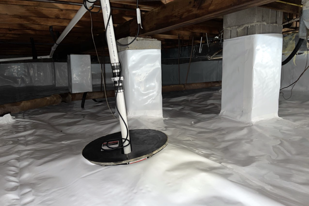 after picture of crawlspace sump pump and vapor barrier