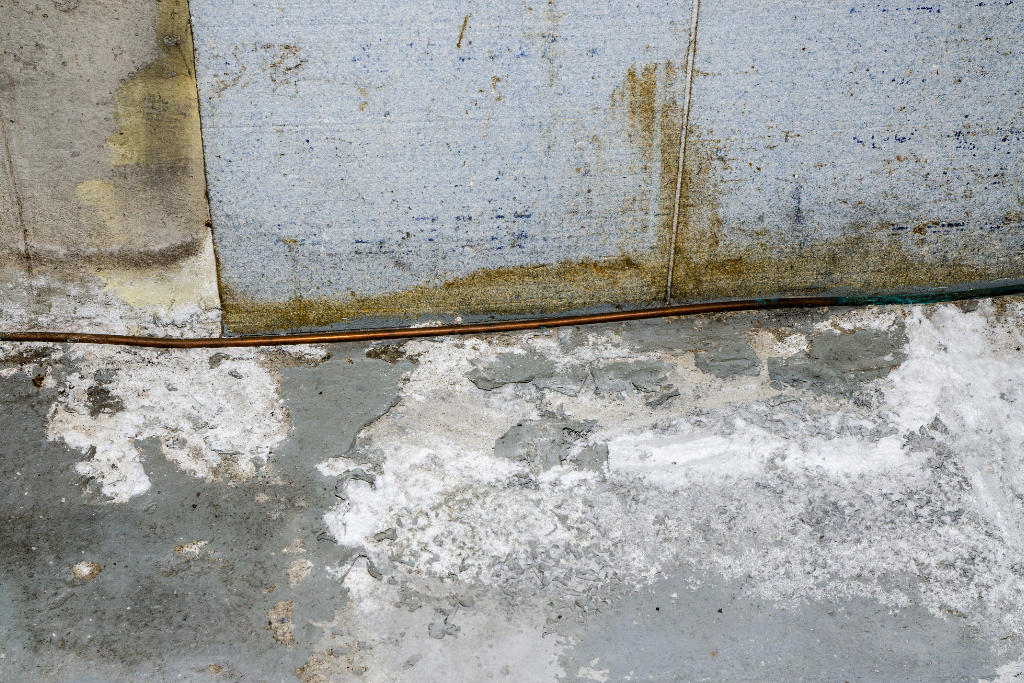 efflorescence on basement floor due to basement water damage