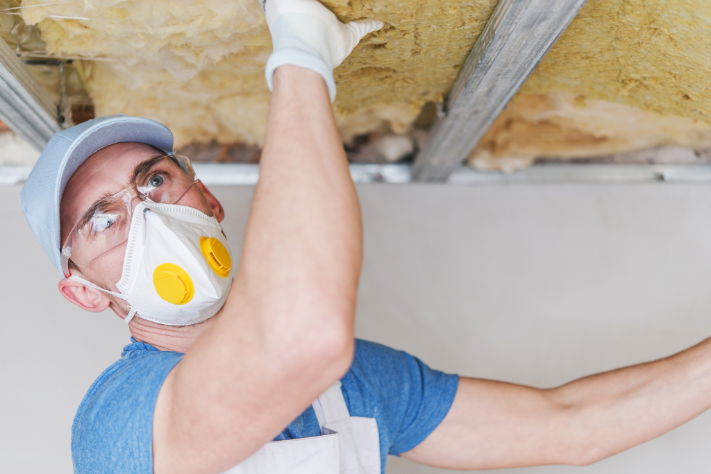 man installing insulation in basement ceiling to combat indoor humidity and seal structure