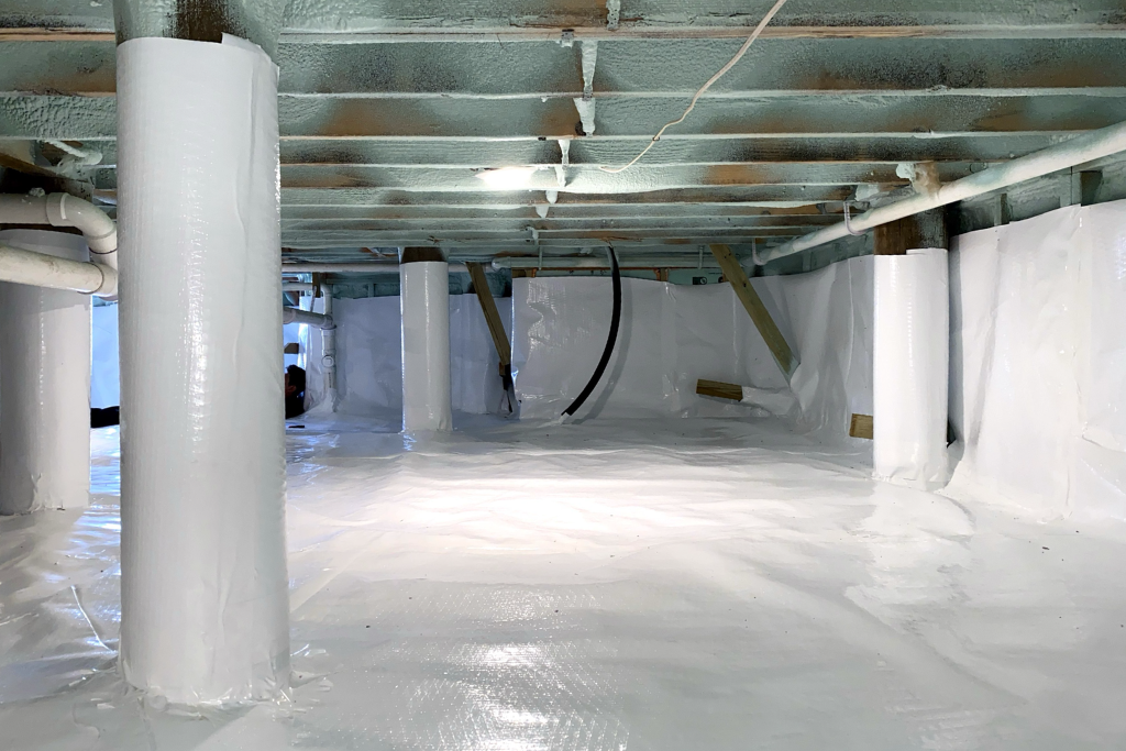 vapor barrier installed in crawlspace to prevent moisture intrusion and odors