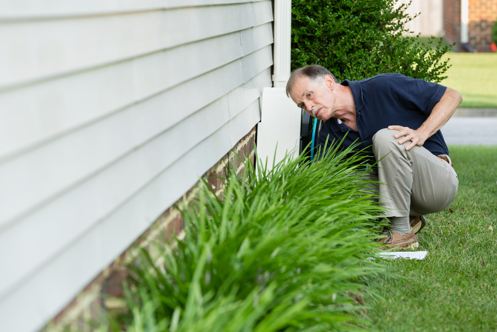 man inspecting home foundation as part of crawlspace maintenance and effort to improve indoor air quality