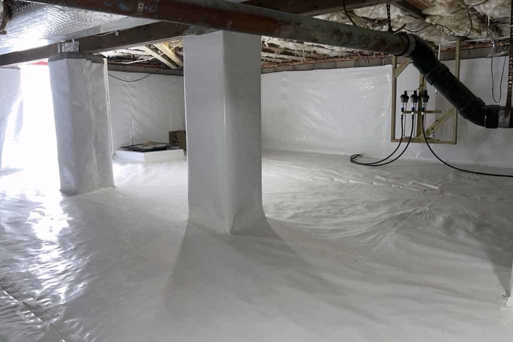 vapor barrier on crawlspace floor, walls, and pillars for waterproofing