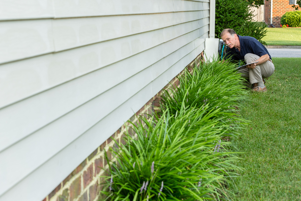 man inspecting foundation drainage