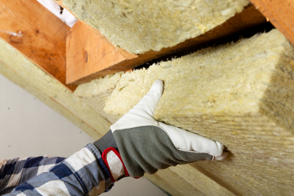 mineral wool attic insulation being installed as energy savings opportunity